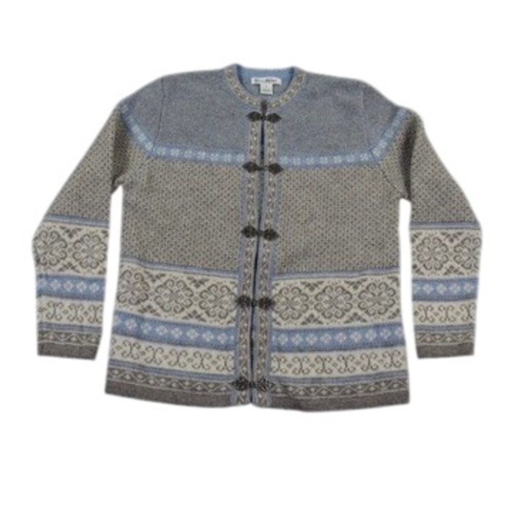 Susan Bristol Wool Cardigan Womens Small Fair Isle Nordic Blue Gray Vintage
